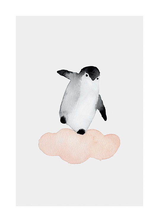  – Painting in watercolour of a penguin balancing on a pink cloud, against a light grey background
