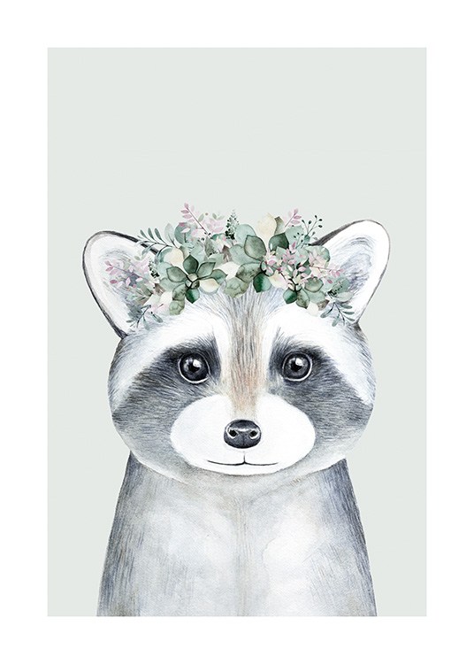  – Illustration of a grey baby raccoon wearing a flower crown, against a light green background