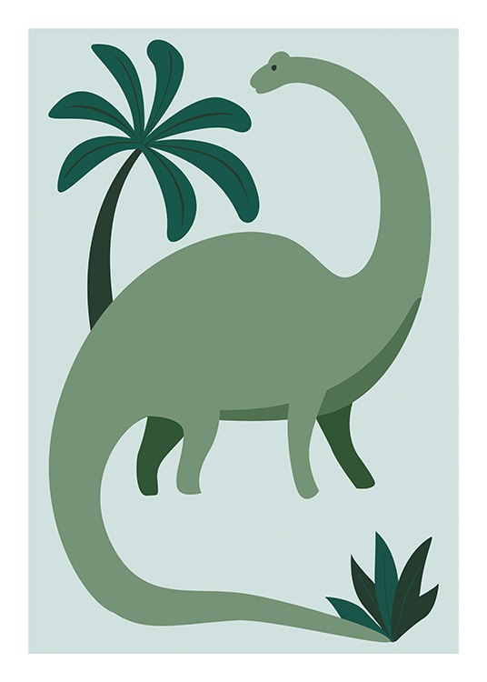  – Graphic illustration of a dinosaur in green, with a palm tree behind it on a light blue background