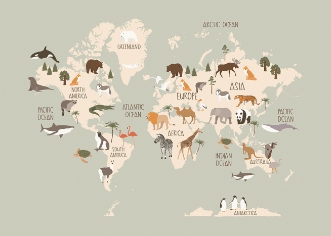  – Graphic illustration of animals on a beige world map against a grey background