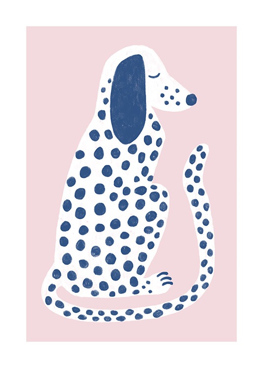  – Graphic illustration of a spotted dog in white with blue spots against a pink background