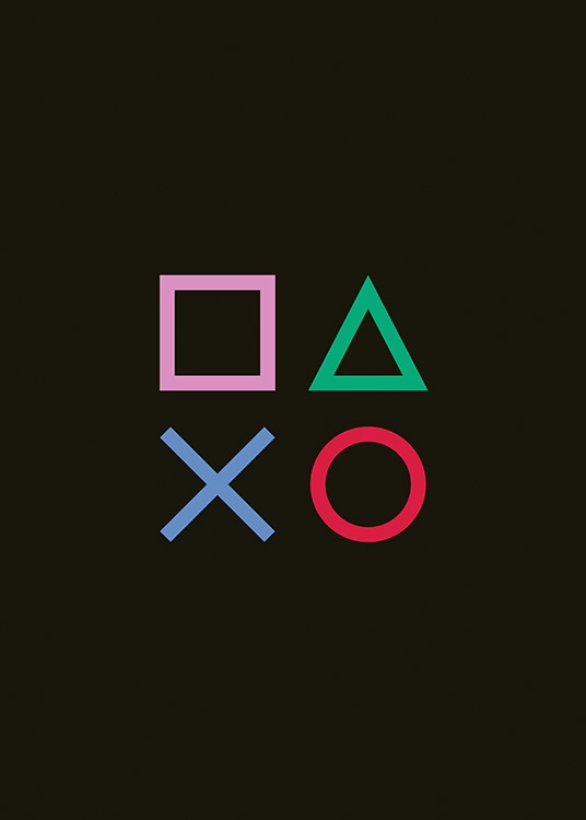  – Graphic illustration with game controller symbols in pink, green, blue and red on a black background