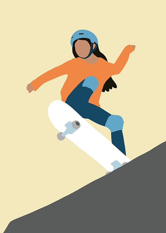  – Graphic illustration of a girl riding a skateboard wearing a blue helmet and orange shirt