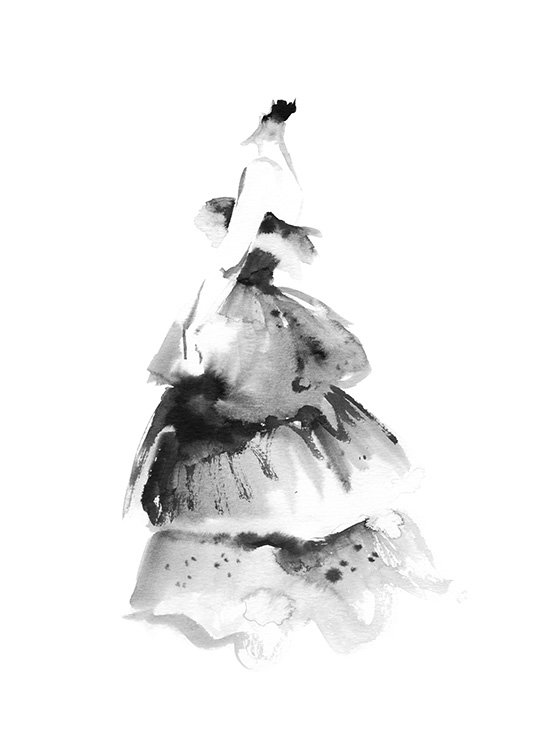  – Painting in watercolour of a ruffled, large dress in black on a white background