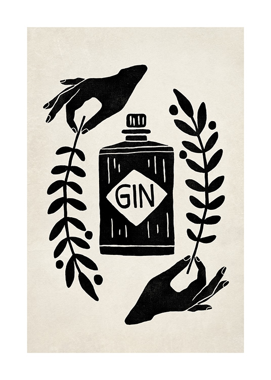  – Graphic illustration with a black gin bottle surrounded by leaves held by a pair of hands