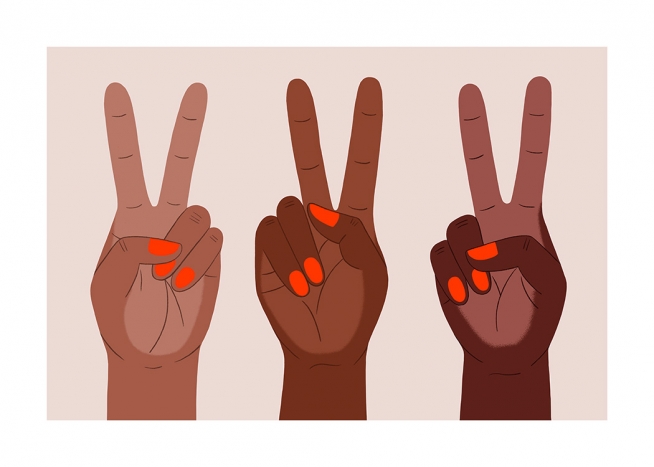  – Graphic illustrations of hands with red painted nails doing the peace sign, on a light pink background