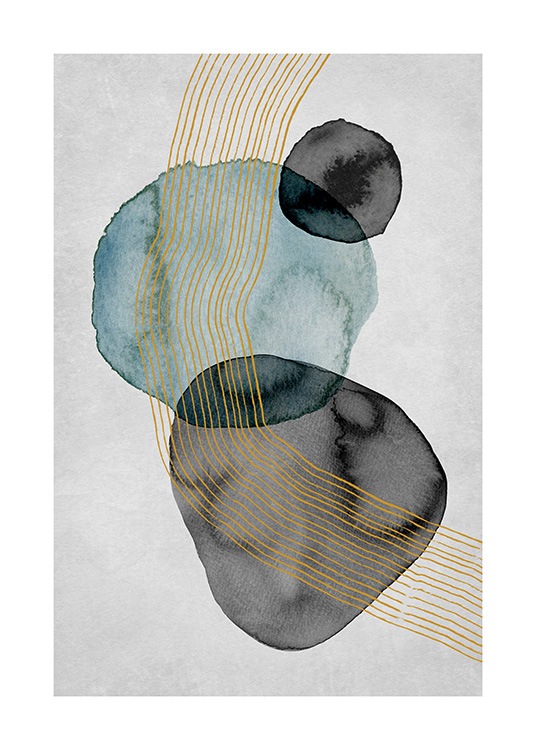  – Painting in watercolour with black and blue circles and gold lines on a grey background