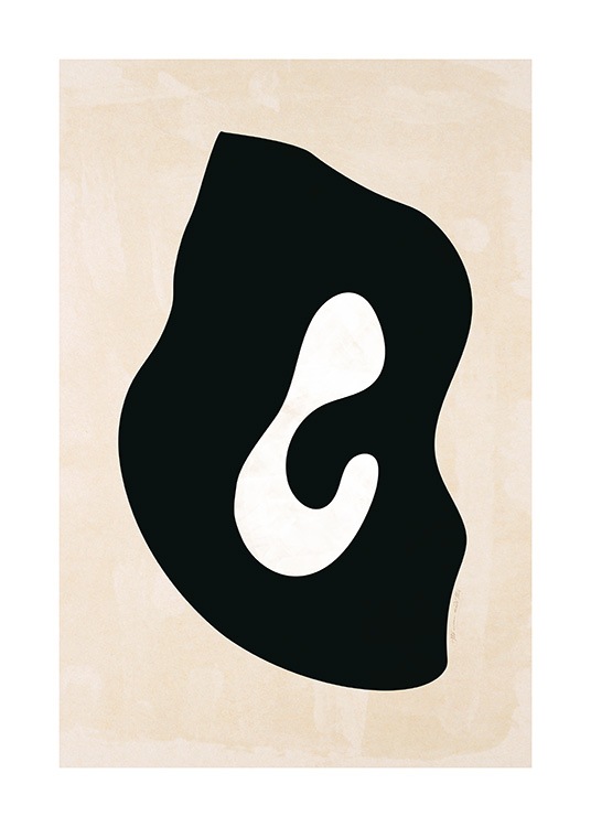  – Graphic illustration with an abstract shape in black with a white center, on a light beige background