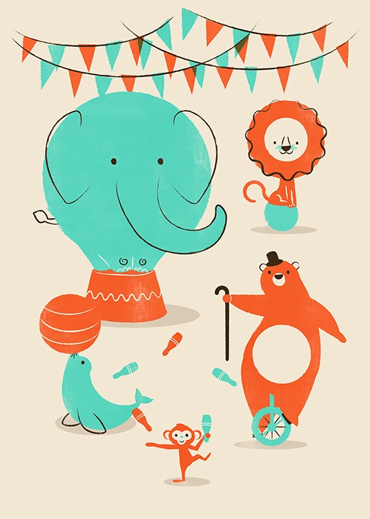  – Illustration with circus animals in blue and red on a beige background