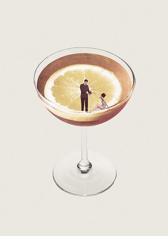  – Graphic illustration of a lemon in a cocktail glass, with a man and woman on the edge of the glass
