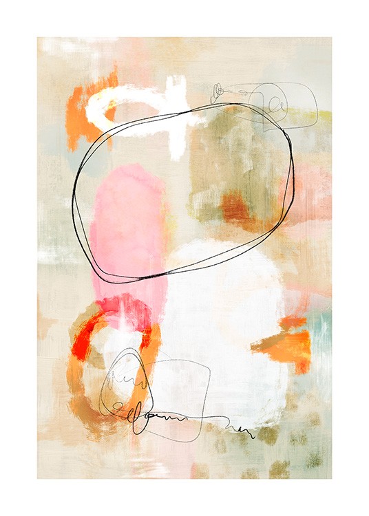  – Abstract watercolour painting with shapes in orange, pink, black and white on a beige and green background