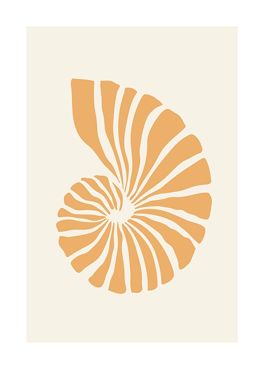  – Graphic illustration of a seashell in orange, against a light beige background