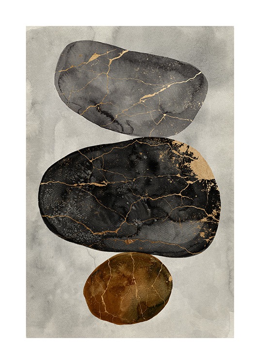  – Painting in watercolour of grey and brown rocks with cracks in gold, against a light grey background