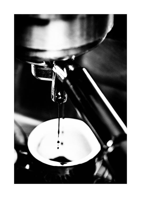  – Black and white photograph with close up of an espresso machine making coffee