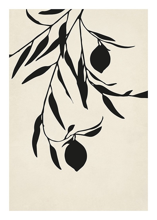  – Graphic illustration of black leaves, lemons and branches against a beige background