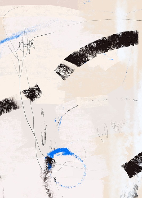  – Painting with abstract lines in blue and black, against a beige, textured background