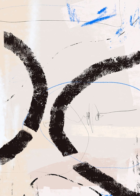  – Painting with thick, abstract lines in blue and black on a beige background with paint texture