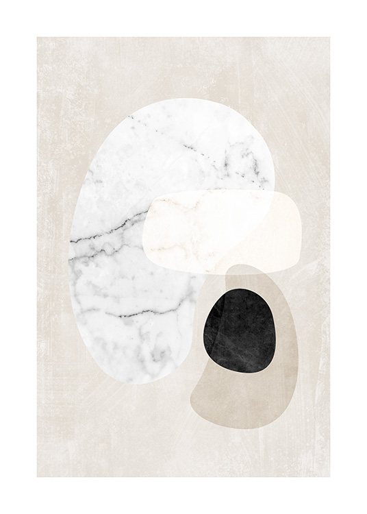  – Graphic illustration with abstract marble shapes in white, black and beige on a beige background