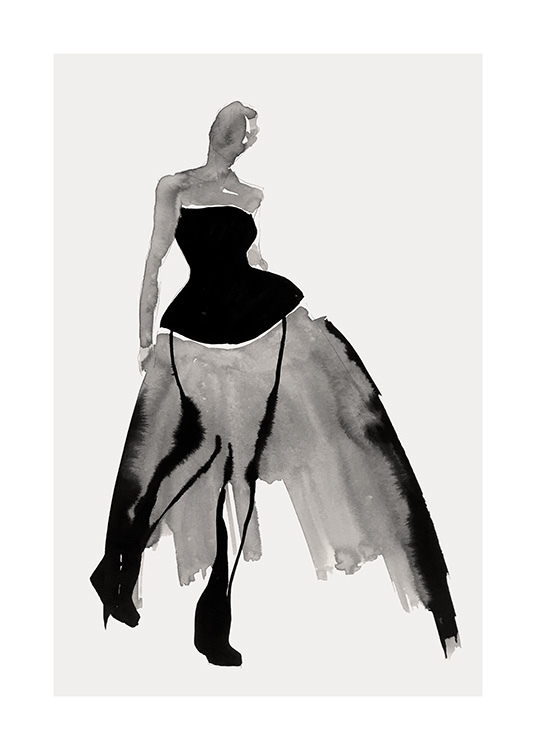  – Illustration in watercolour of a black, abstract dress against a light grey background