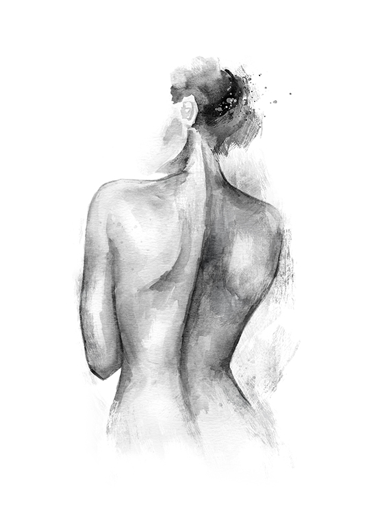 – Painting in grey watercolour of a naked woman's back against a white background