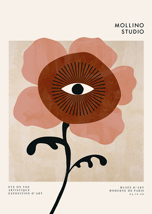  – Graphic illustration of a flower in brown and pink with an eye in the centre against a beige background