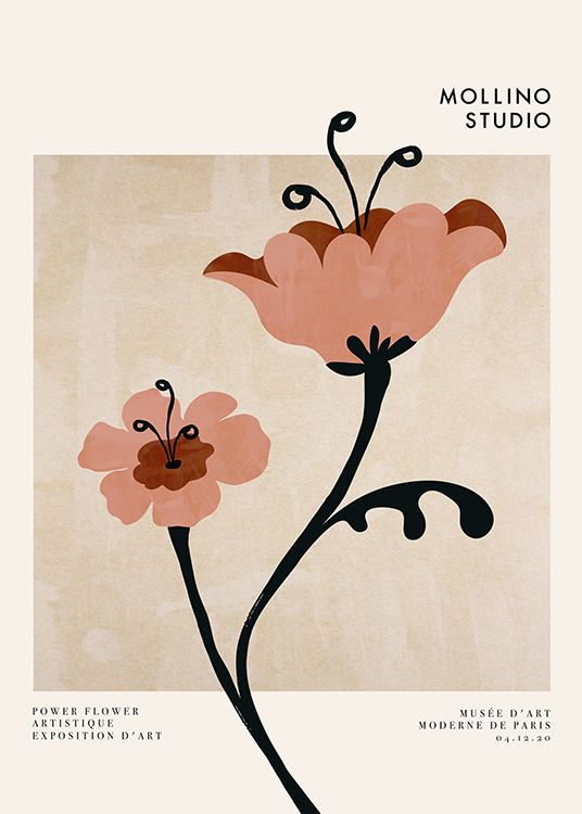  – Graphic illustration of a pair of brown and pink flowers with black details and text at the top and bottom