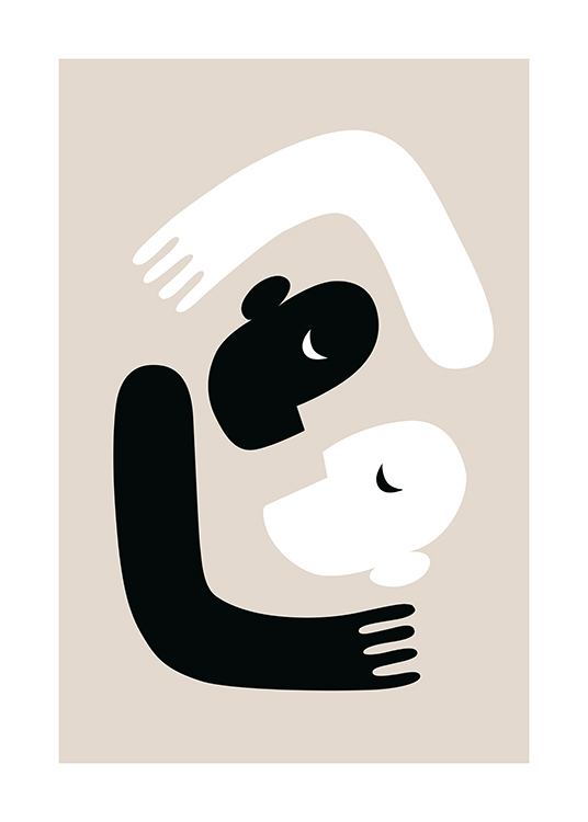  – Graphic illustration of black and white arms and faces embracing each other, on a beige background