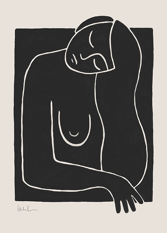  – Graphic illustration in line art of a naked woman's upper body drawn in black and white on a beige background