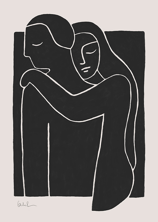  – Graphic illustration with two embracing people drawn in white, filled in with black, on a beige background