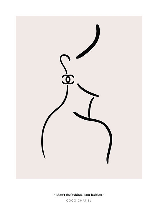  – Illustration of a woman in line art wearing a Chanel earring, and a Coco Chanel quote at the bottom