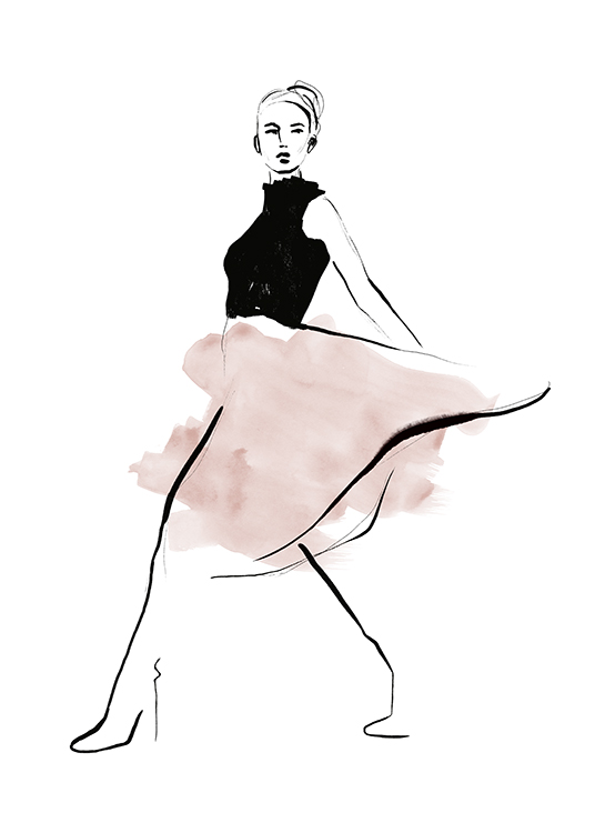  – Illustration of a woman in a pink skirt and black bodice on a white background
