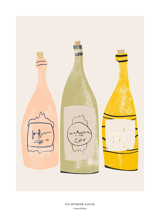  – Graphic illustration of pink, green and yellow wine bottles on a beige background and text at the bottom