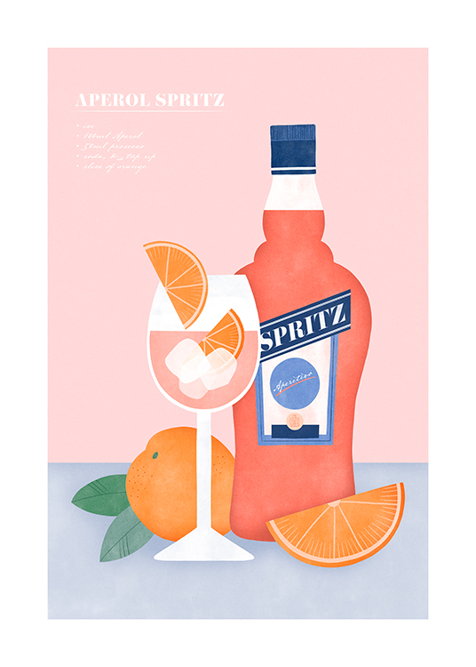  – Graphic illustration of an Aperol Spritz and oranges on a blue and pink background with a recipe at the top