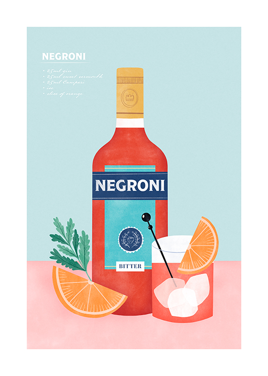  – Graphic illustration of a red bottle of Negroni and glass against a blue and pink background with a recipe at the top