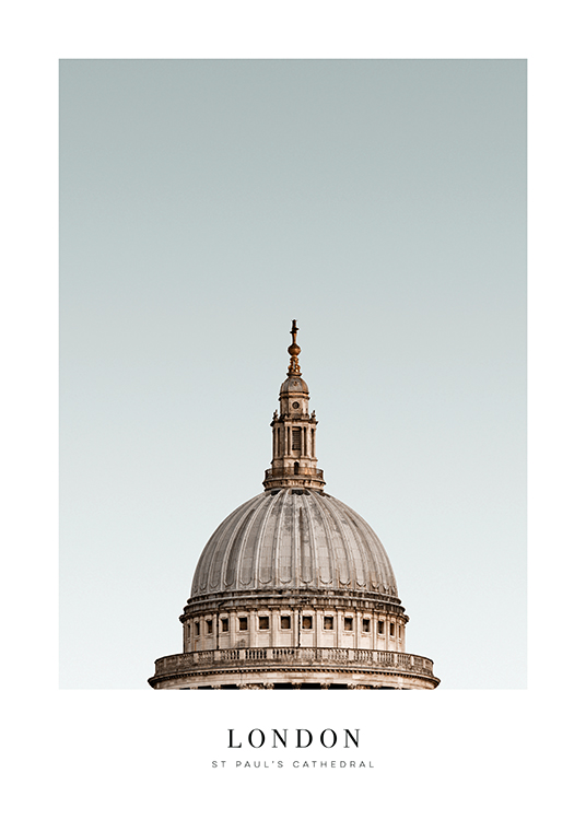  – Photograph of the top tower of a cathedral, St Pauls Cathedral, with text underneath