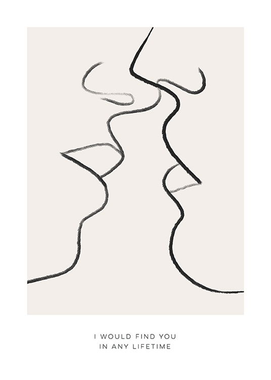  – Illustration with two faces in line art almost kissing, in black on a beige background and text underneath