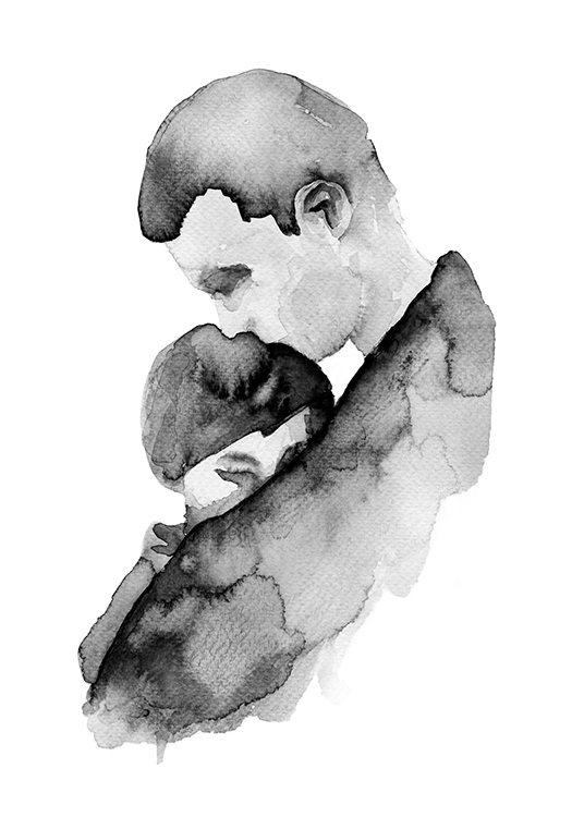  – Painting in watercolour of a couple embracing each other, painted in grey on a white background
