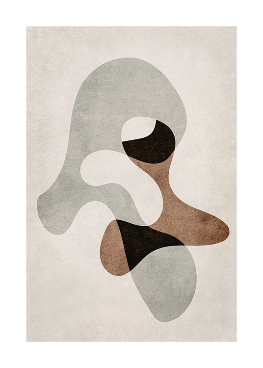 – Graphic illustration of an abstract figure in grey and shades of brown on a beige background
