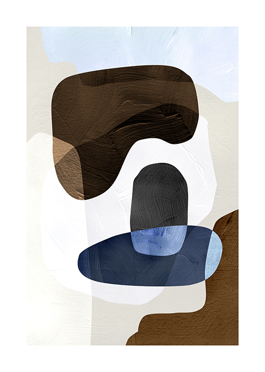 – Painting with abstract shapes in brown, blue and white on a beige background