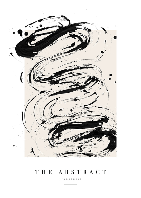  – Painting with abstract paint splatter in black on a beige background and text underneath