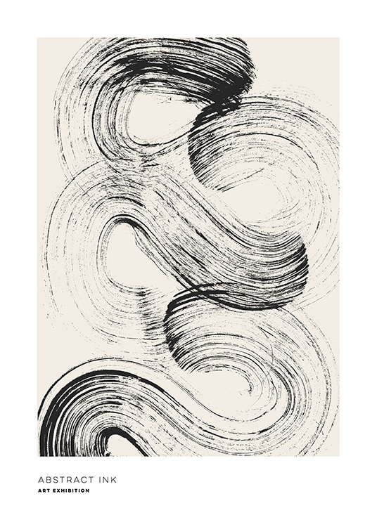  – Painting with a brush stroke in black, swirled across a beige background with text underneath