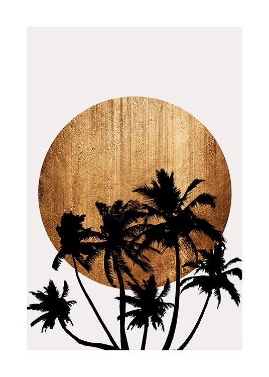  – Graphic illustration of a large, golden sun behind black palm trees