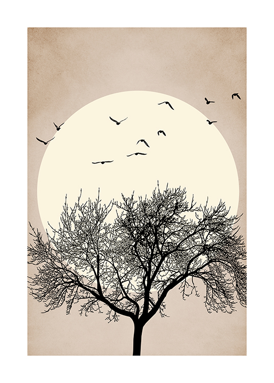  – Graphic illustration of a large, black tree with birds above it and a yellow sun in the background