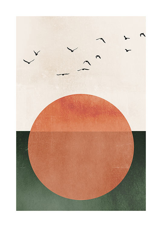 – Graphic illustration of a large, orange sun with birds above it, against a background in beige and green