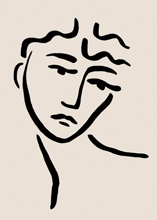  – Illustration with a face drawn in black line art, with thick lines against a beige background