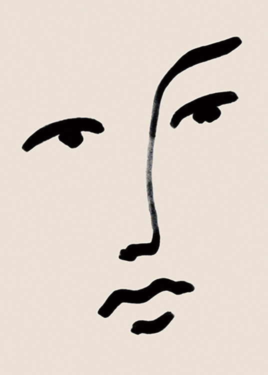  – Illustration with eyes, a nose and lips in black line art against a beige background