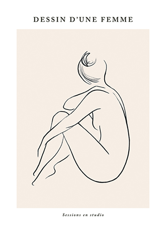  – Line art illustration of a naked woman sitting with her legs drawn up and text above and underneath