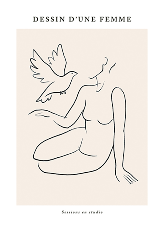  – Illustration in line art of a woman sitting down and a dove, with text above and underneath