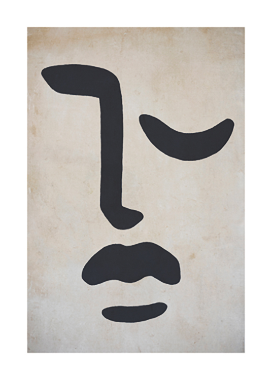  – Graphic illustration with thick, black lines forming a closed eye, nose and lips on a grey-beige background