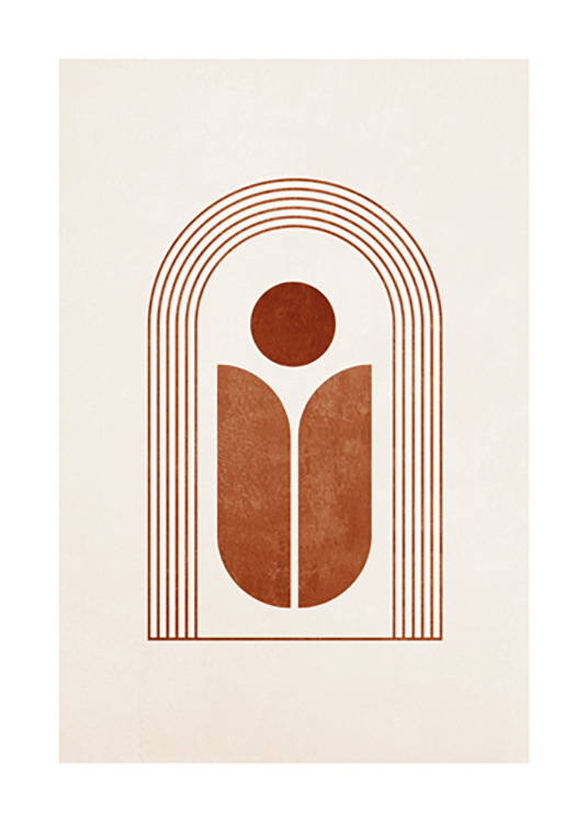 – Graphic illustration with a terracotta-coloured arch made of lines, with a circle and long shapes inside it